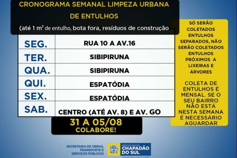 Imagem de compartilhamento para o artigo Confira o Cronograma Semanal de Limpeza Urbana em Chapadão do Sul da MS Todo dia